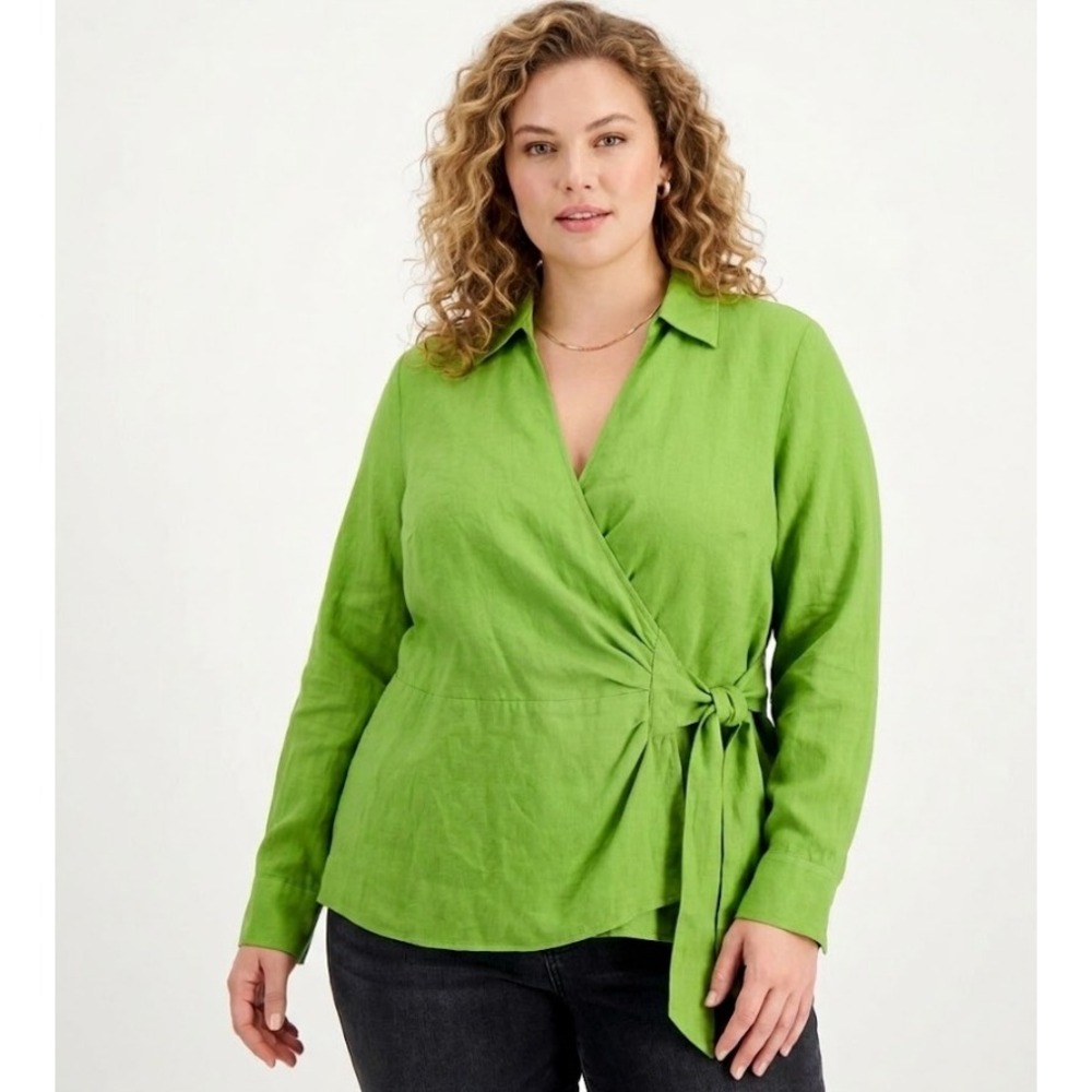 INC International Concepts size 1X Green Tie Front Linen Blend Wrap Top Feminine